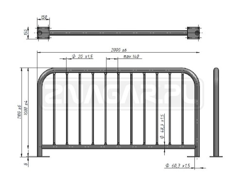 Bariera szczeblinkowa U-11a, na podstawach - 2000mm - kolor