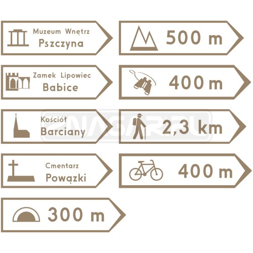 Znaki E9, E10, E11, E12 - drogowskazy do obiektów turystycznych, II gen.